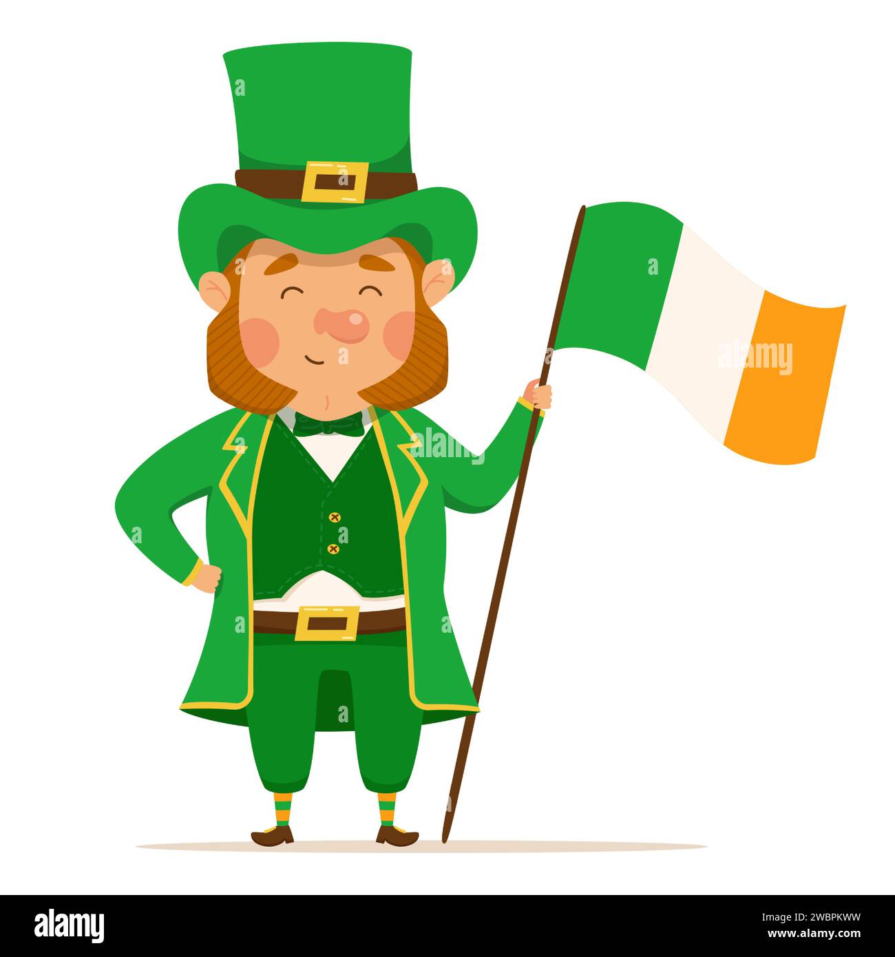 Leprechaun drôle et mignon avec drapeau irlandais. Vecteur illistration pour St. Le jour de Patrick. Homme heureux dans un costume vert et chapeau Illustration de Vecteur