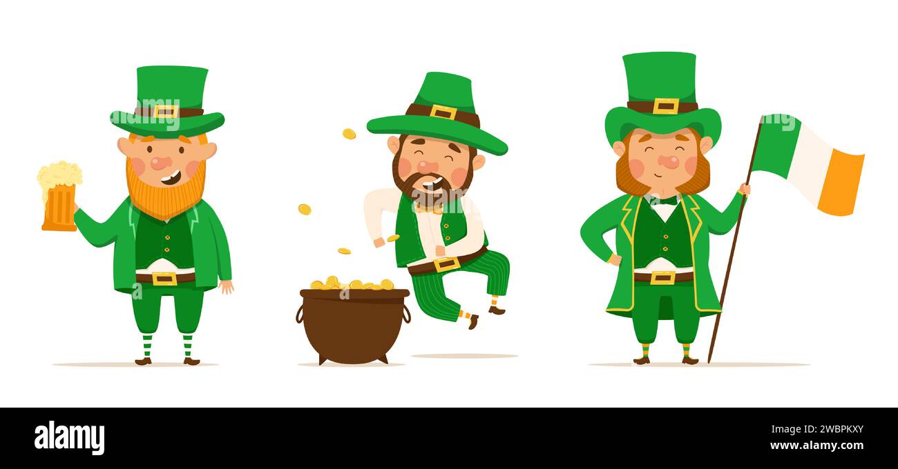St. Patrick's Day Set de différents personnages de leprechauns dans différents costumes. Illustrations vectorielles. Bière, pot d'or et drapeau irlandais Illustration de Vecteur
