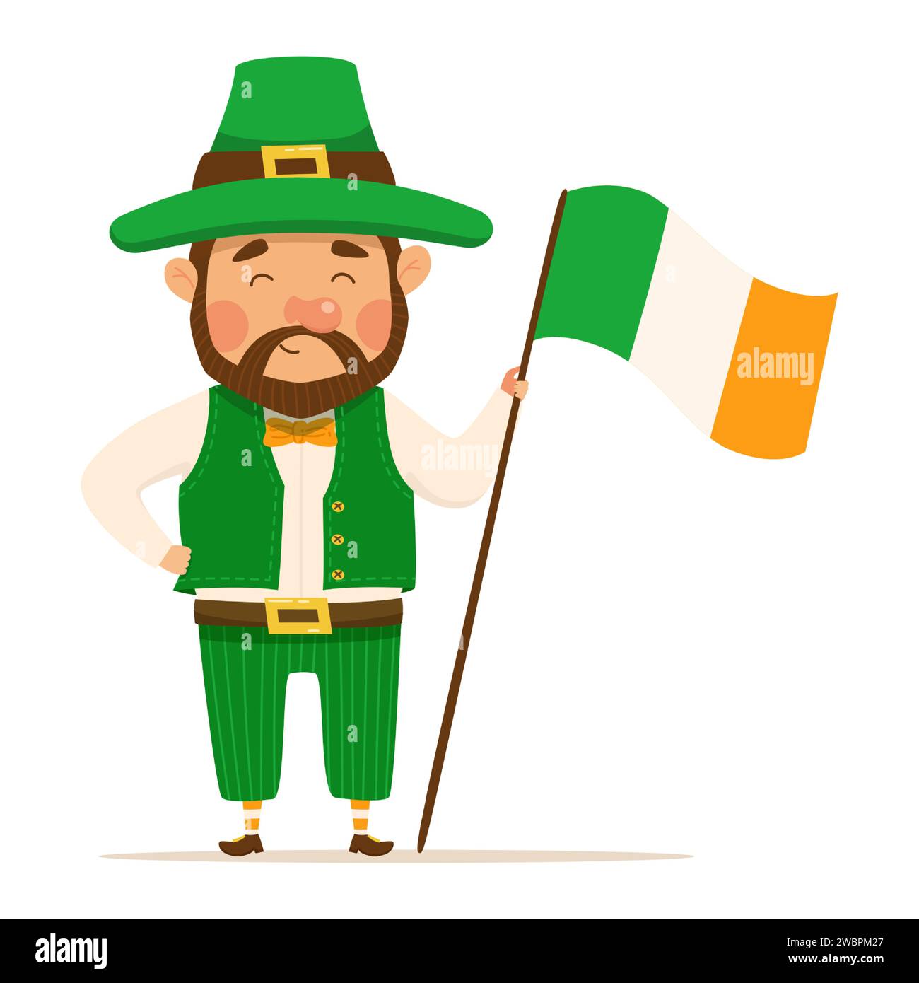 Leprechaun drôle et mignon avec barbe brune avec drapeau irlandais. Vecteur illistration pour St. Le jour de Patrick. Homme heureux dans un costume vert et chapeau Illustration de Vecteur