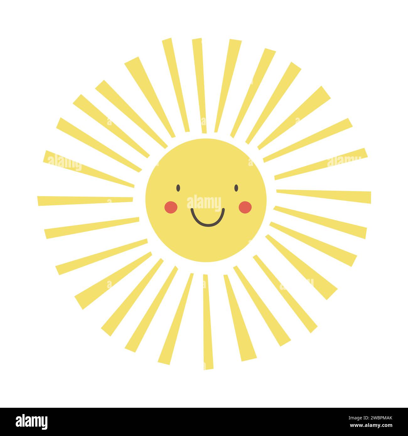 Illustration de vecteur de soleil positif dans un style plat. Autocollant émoticône solaire. Icône du soleil isolée sur fond blanc Illustration de Vecteur