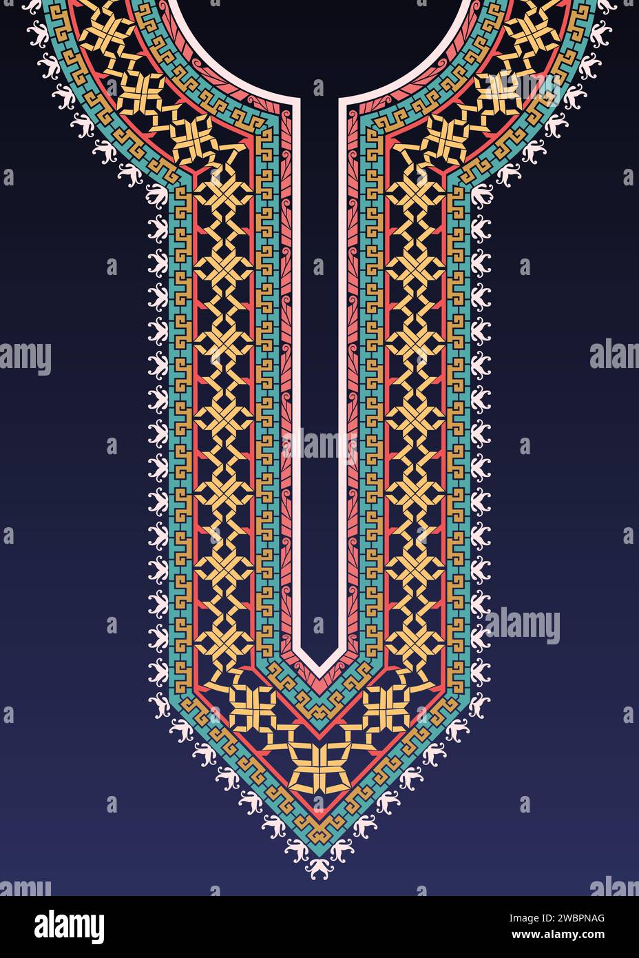 Motif de broderie décoratif pour le cou de la kurta indienne avec des motifs entrelacés et des motifs clés grecs. Illustration de Vecteur