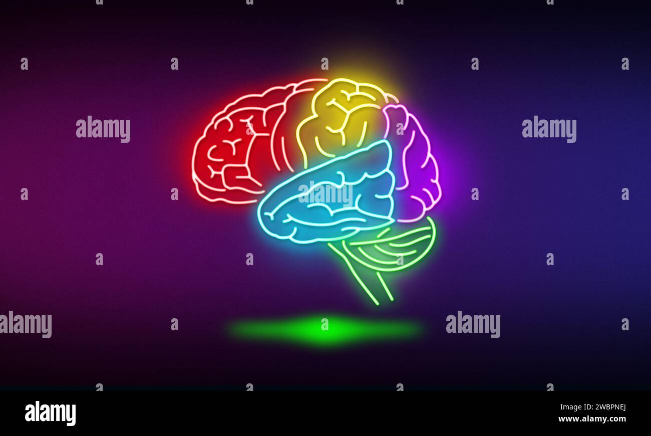 Illustration de lobes de cerveau dans le style lumineux de néon Banque D'Images