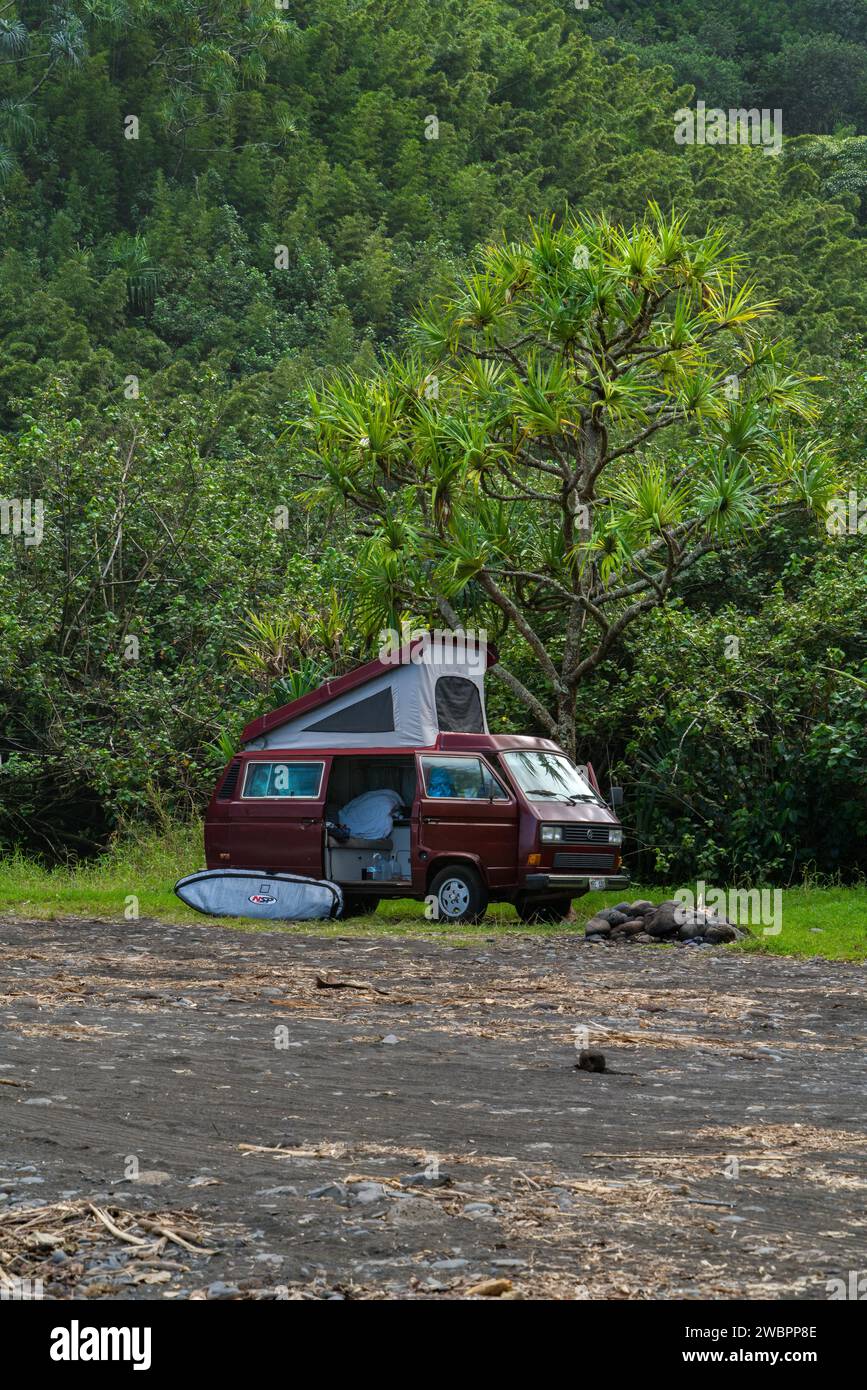 L'aventure vous attend à Honomanu, Maui avec un camping-car prêt pour la vie de l'île, au milieu d'une forêt tropicale luxuriante prête à explorer. Banque D'Images