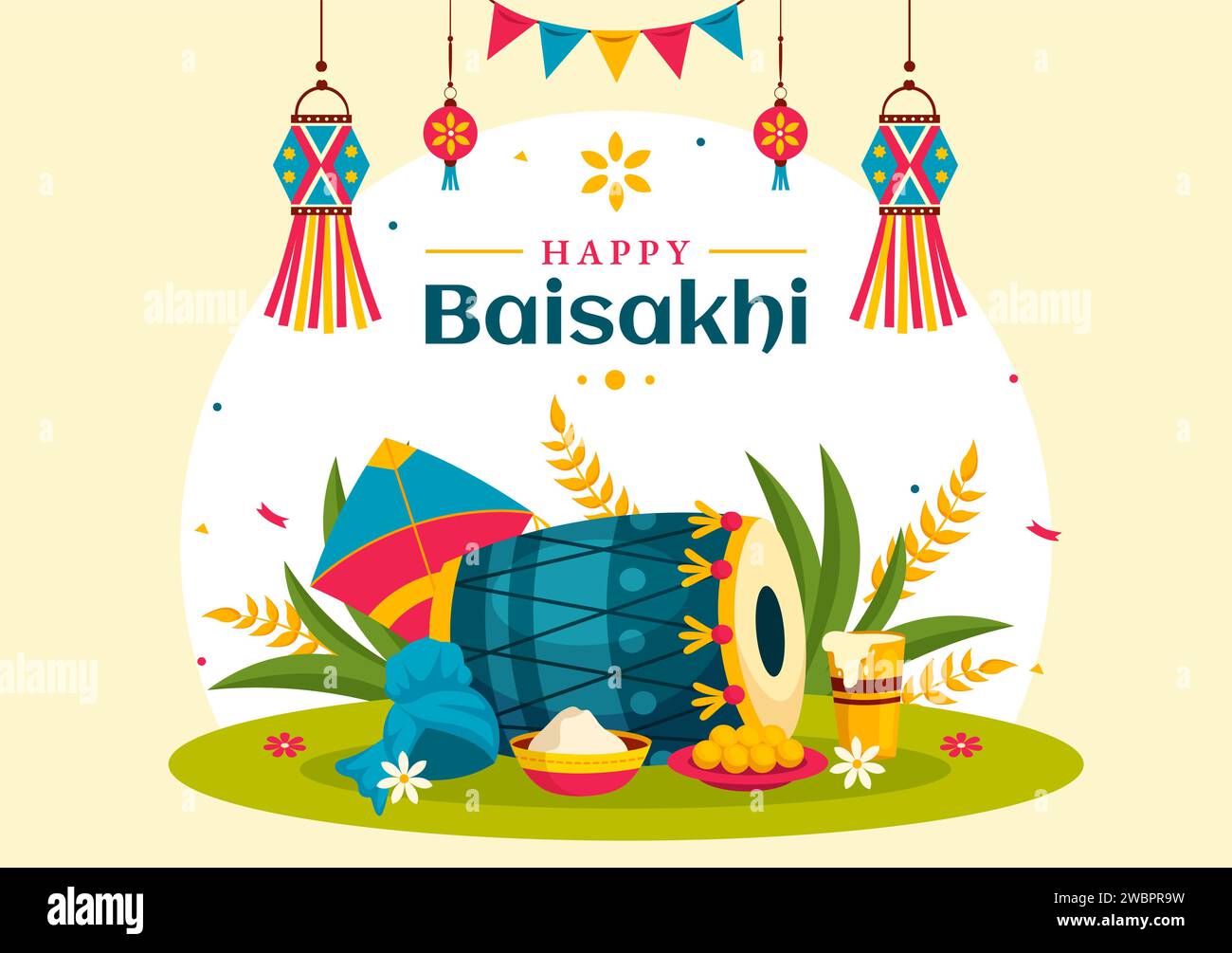 Joyeux Baisakhi Vector Illustration de Vaisakhi Punjabi Spring Harvest Festival de célébration sikh avec tambour et cerf-volant dans fond de dessin animé de vacances Illustration de Vecteur