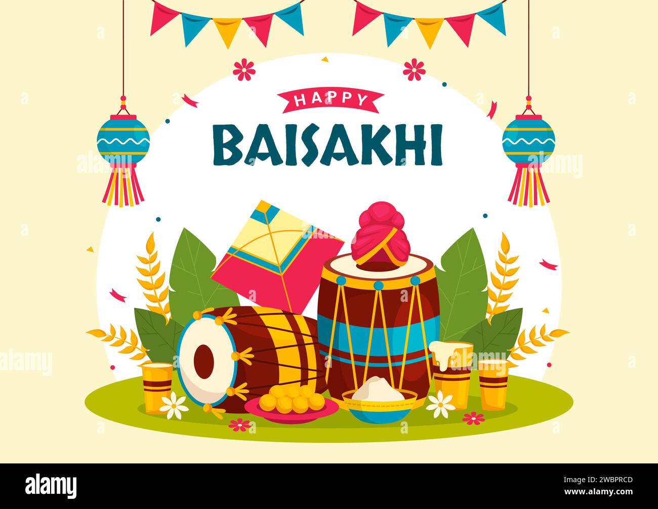 Joyeux Baisakhi Vector Illustration de Vaisakhi Punjabi Spring Harvest Festival de célébration sikh avec tambour et cerf-volant dans fond de dessin animé de vacances Illustration de Vecteur