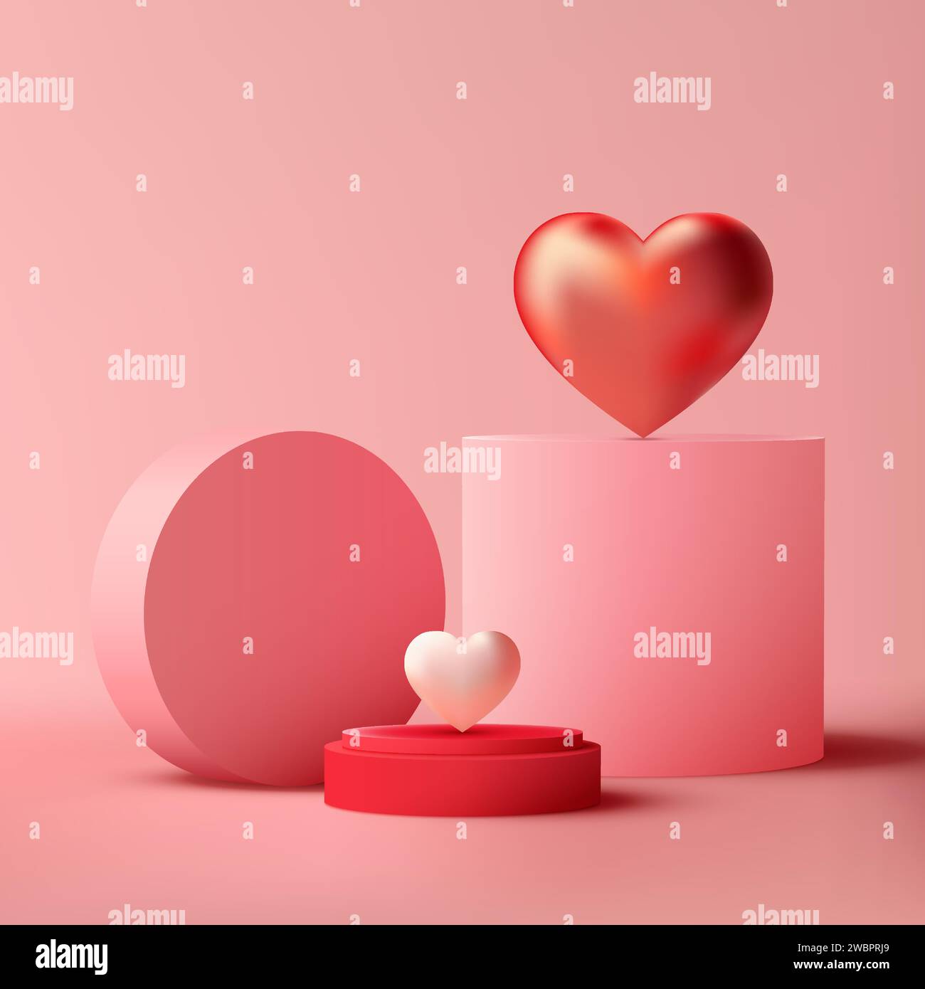 Maquette de podium de la Saint-Valentin 3D. Coeurs roses et rouges, géométrie moderne, parfait pour mettre en valeur des produits, des cosmétiques, des bijoux et plus encore. Vector illustra Illustration de Vecteur