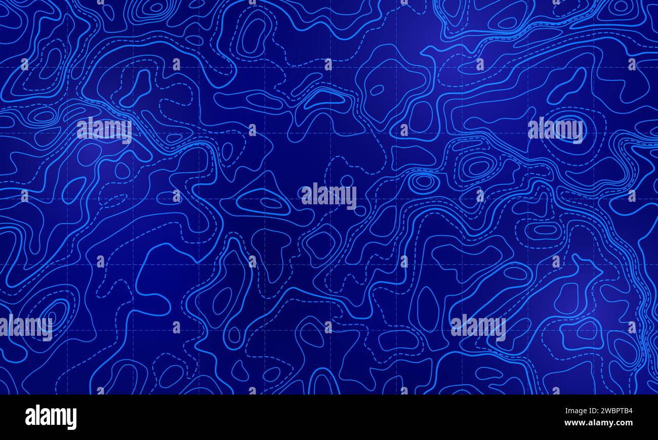 Carte topographique de l'océan avec illustration vectorielle des lignes d'isodose des vagues sinueuses. Surface de paysage topographique de profondeur de la mer pour les relevés radar nautiques. Cartogra Illustration de Vecteur