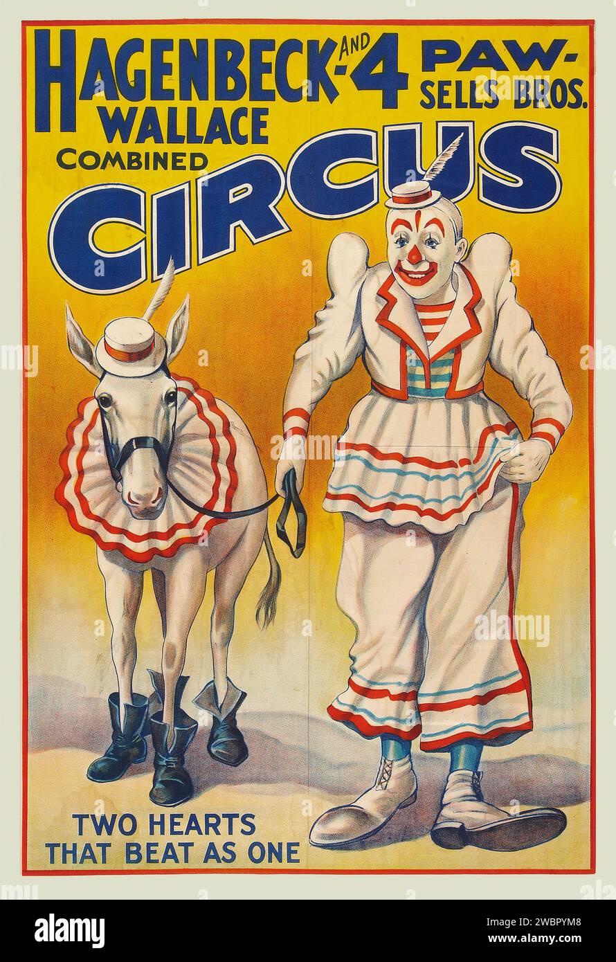 Circus Poster (Hagenbeck Wallace & 4 Paw-Sells Bros, 1930s) avec un clown et un cheval Banque D'Images
