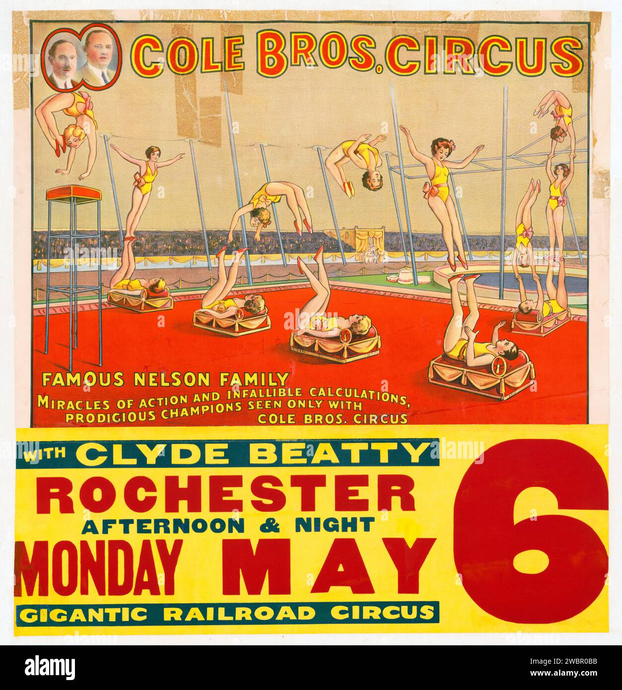 Cole Bros. Circus. Célèbre famille Nelson avec Clyde Beatty, affiche de cirque vintage, c 1940-1950s. Banque D'Images