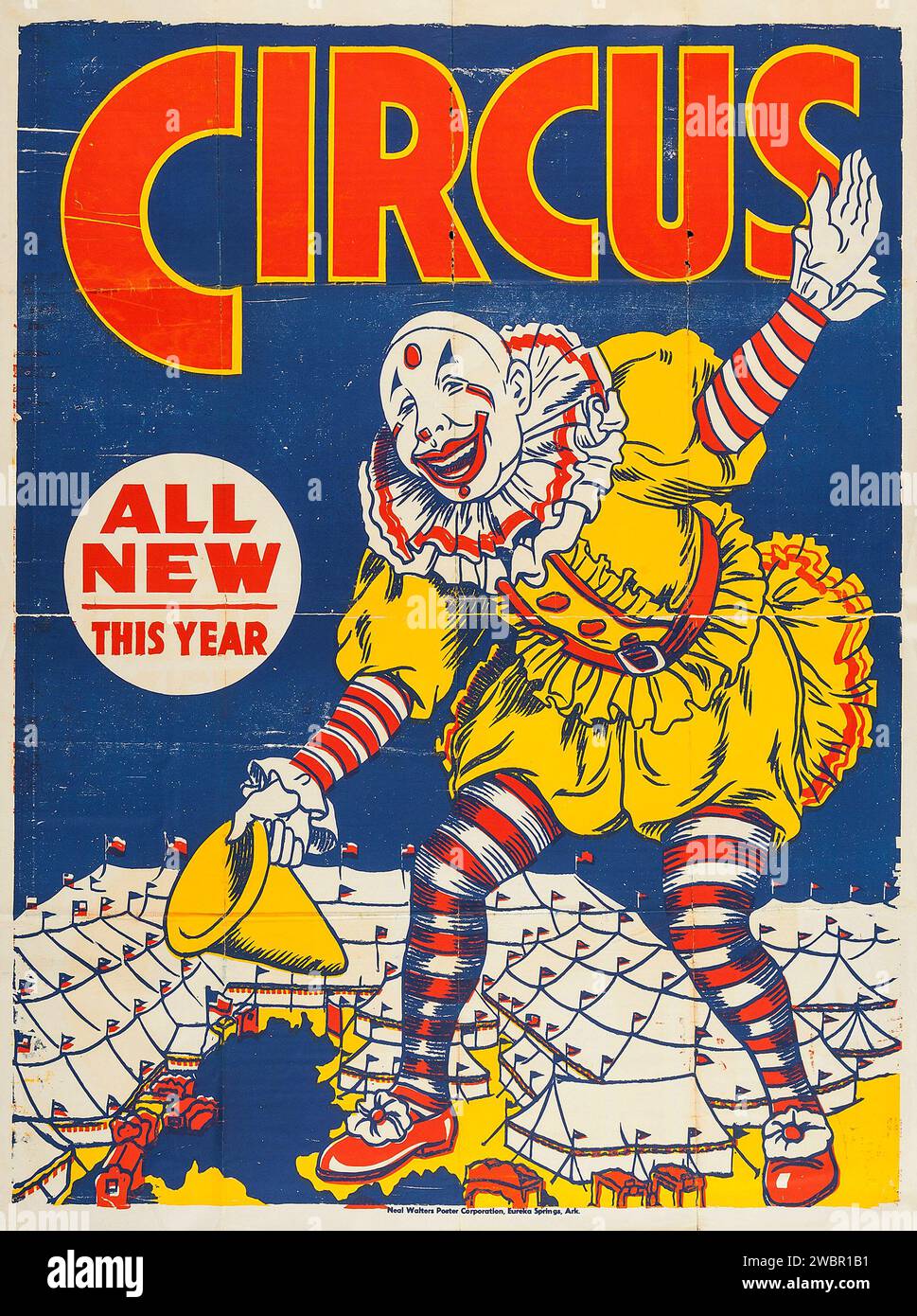 Circus Poster (Neal Walters Poster Corporation, 1940s) avec un clown de cirque heureux Banque D'Images