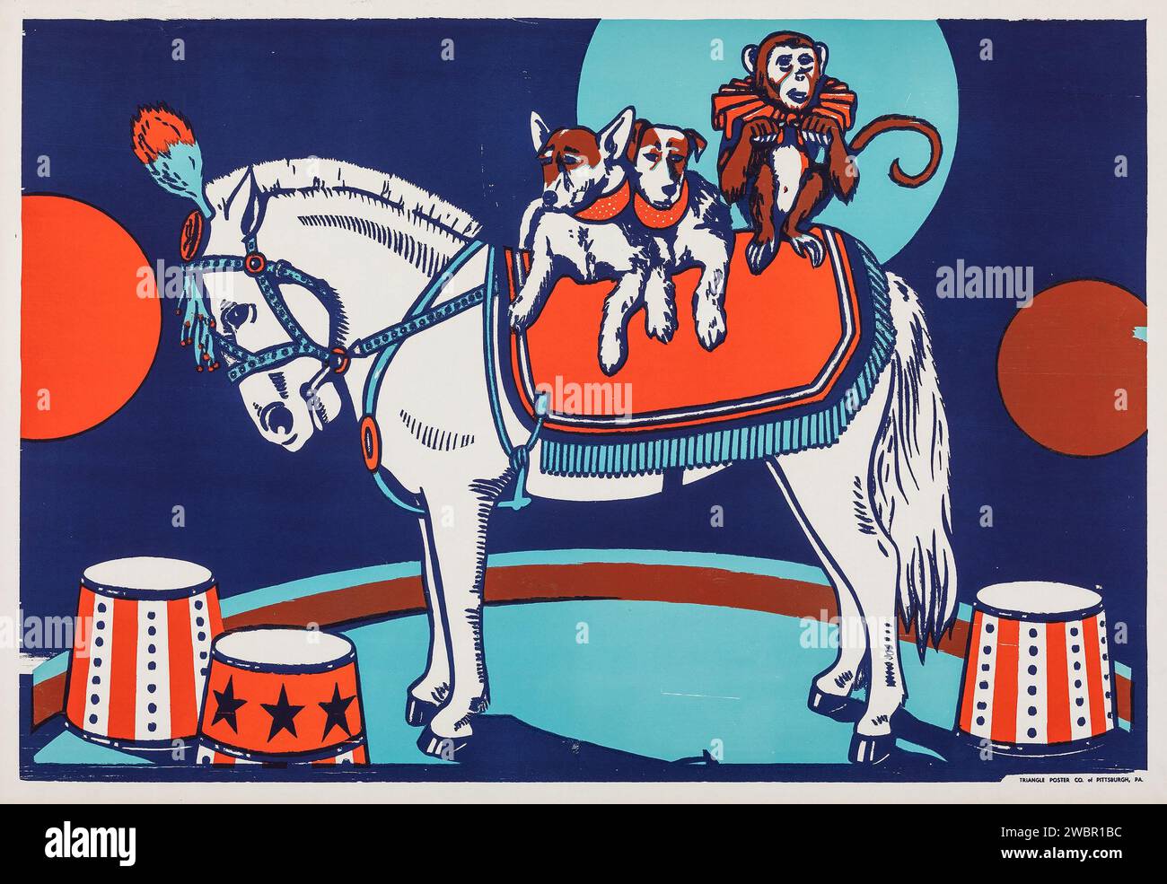Circus Poster, affiche de stock des années 1940 annonçant un cirque avec un singe et des chiens chevauchant un poney Shetland Banque D'Images