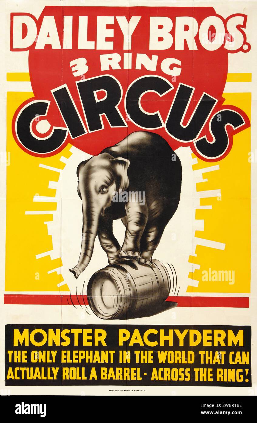 Dailey Bros. 3 Ring Circus (1947). Cricus Poster feat Monster Pachyderm, éléphant roulant un canon Banque D'Images