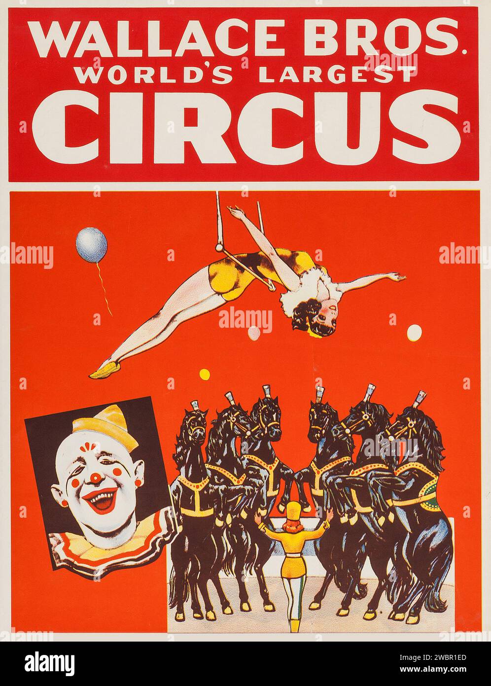 Wallace Brothers Circus Poster (années 1950) avec des artistes de cirque, des chevaux et un clown Banque D'Images
