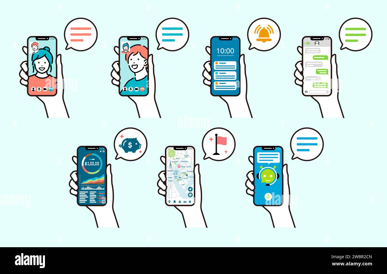 Ensemble d'illustration vectorielle d'un smartphone en main Illustration de Vecteur