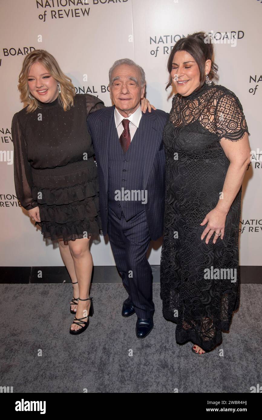 New York, États-Unis. 11 janvier 2024. (G-D) Francesca Scorsese, Martin Scorsese et Cathy Scorsese assistent au Gala du Conseil national de révision 2024 à Cipriani 42nd Street à New York. (Photo Ron Adar/SOPA Images/Sipa USA) crédit : SIPA USA/Alamy Live News Banque D'Images