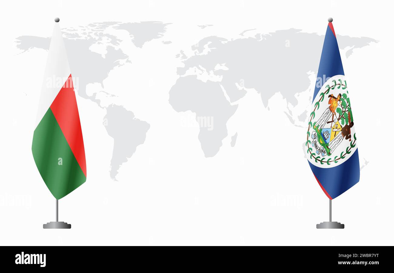 Madagascar et Belize drapeaux pour réunion officielle sur fond de carte du monde. Illustration de Vecteur
