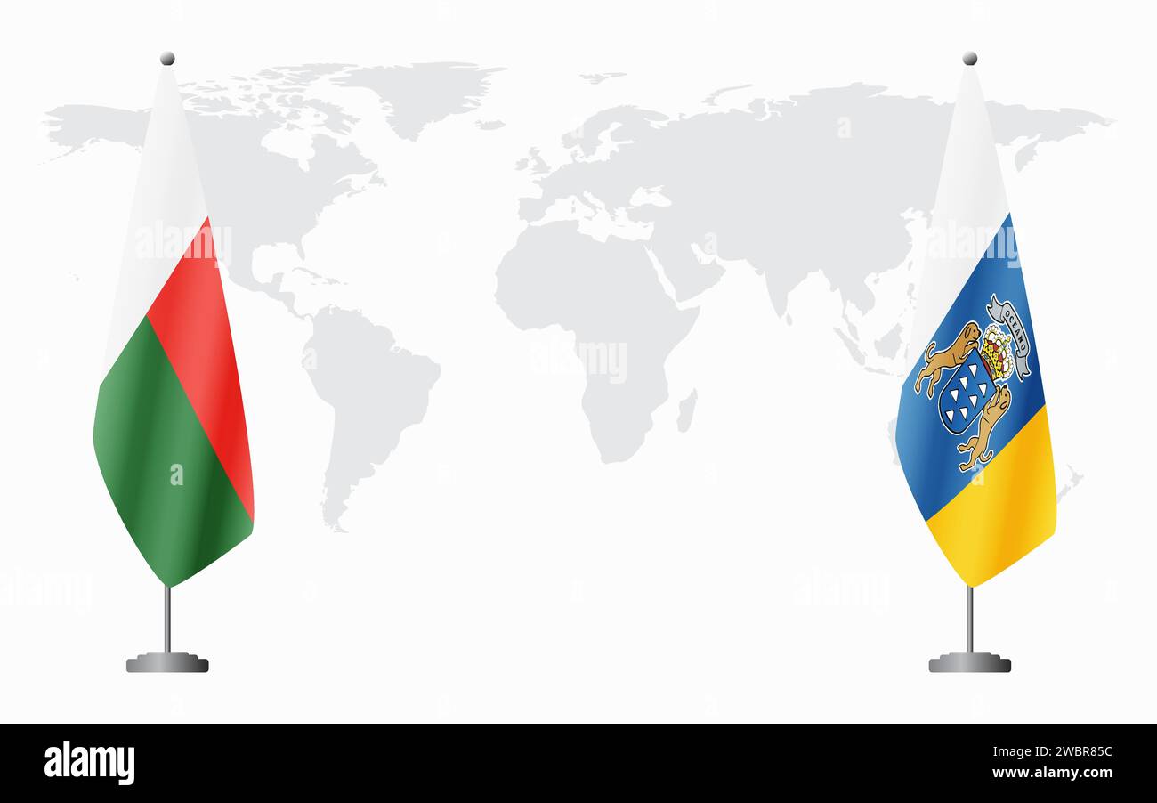 Madagascar et les îles Canaries drapeaux pour réunion officielle sur fond de carte du monde. Illustration de Vecteur