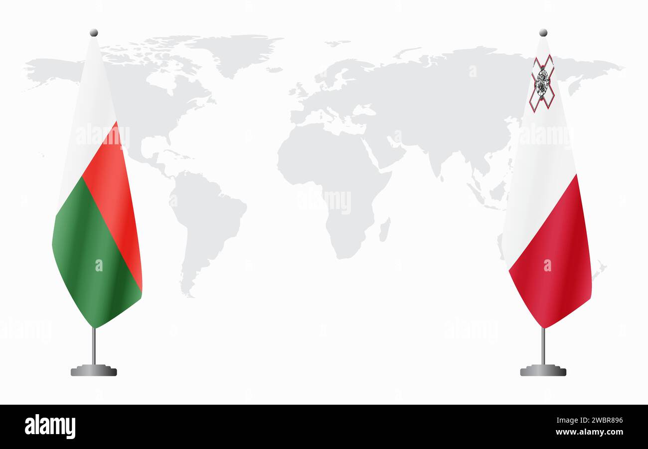Madagascar et Malte drapeaux pour réunion officielle sur fond de carte du monde. Illustration de Vecteur
