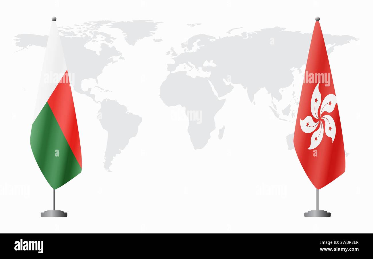 Madagascar et Hong Kong drapeaux pour réunion officielle sur fond de carte du monde. Illustration de Vecteur