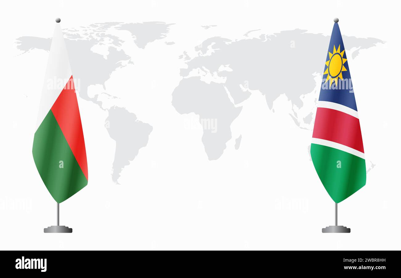 Madagascar et Namibie drapeaux pour réunion officielle sur fond de carte du monde. Illustration de Vecteur