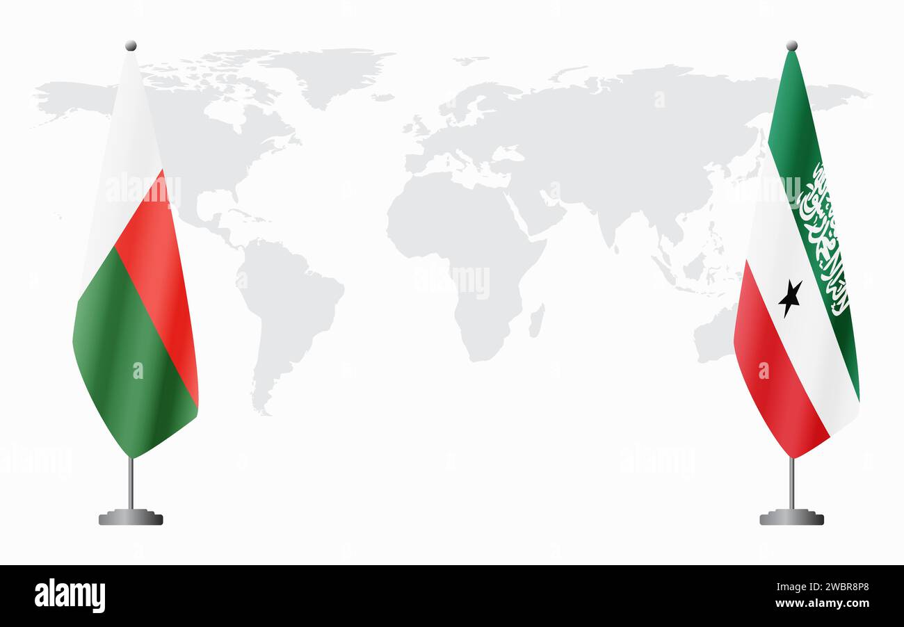 Madagascar et Somaliland drapeaux pour réunion officielle sur fond de carte du monde. Illustration de Vecteur