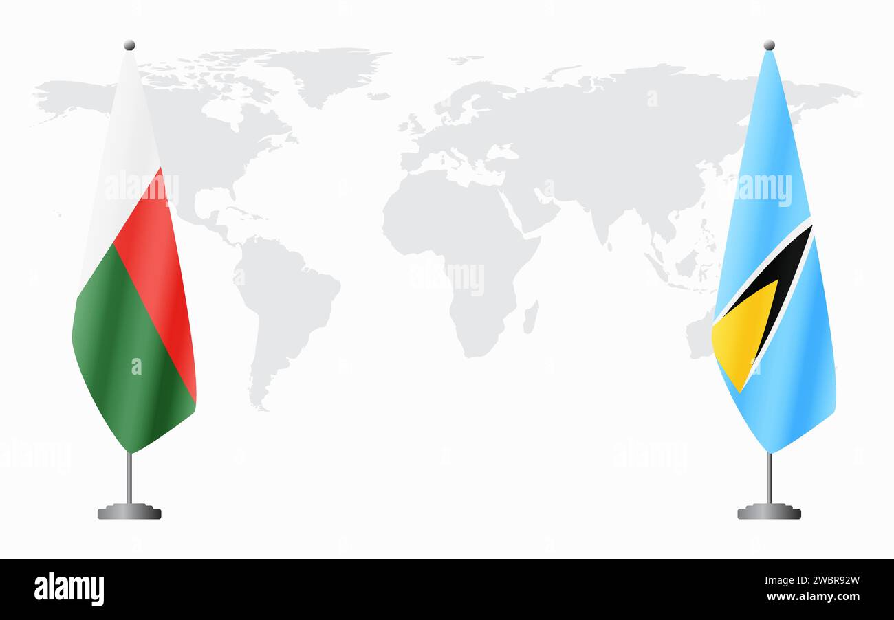 Madagascar et Sainte Lucie drapeaux pour réunion officielle sur fond de carte du monde. Illustration de Vecteur