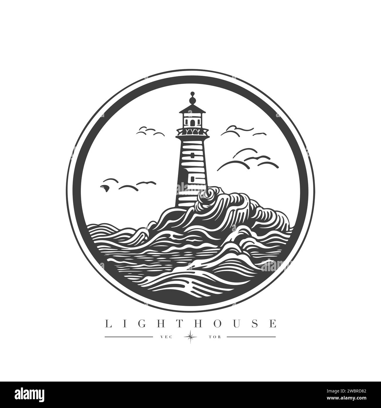 Phare dans l'océan sur le petit emblème de vecteur de l'île rocheuse. Mascotte de la tour du phare. Illustration de Vecteur