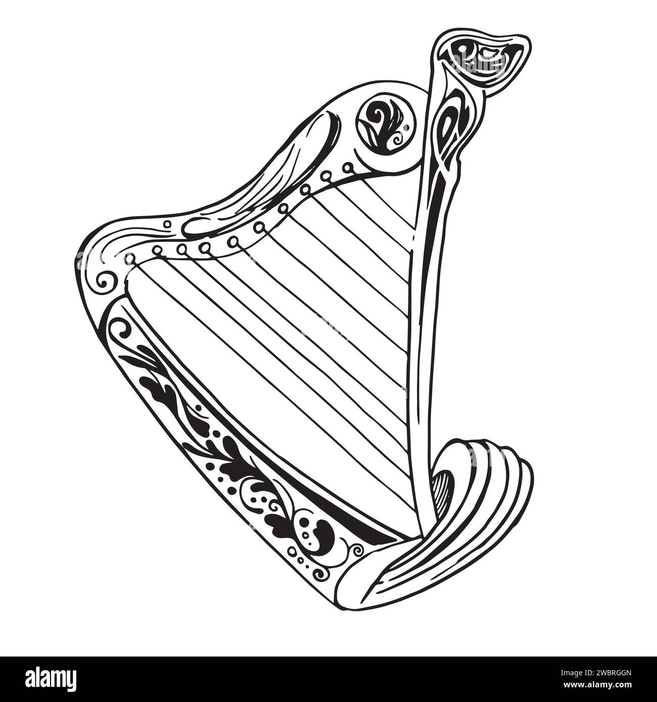 Instrument de musique pour harpe. Illustration noire d'esquisse de vecteur isolée sur fond blanc. Motif floral St Patricks Day. fantaisie Illustration de Vecteur