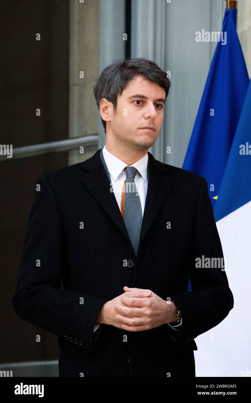Paris, France. 12 janvier 2024. Le nouveau Premier Ministre Gabriel Attal, la nouvelle Ministre