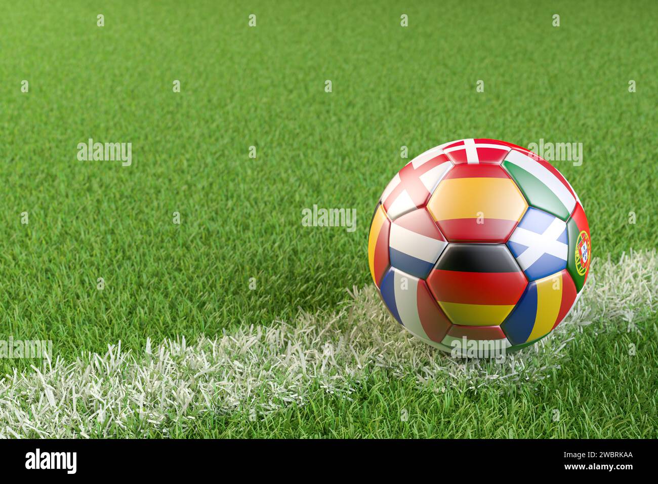 Ballon de football avec les drapeaux de plusieurs des pays qualifiés pour le Championnat d'Europe en 2024 en Allemagne. Banque D'Images