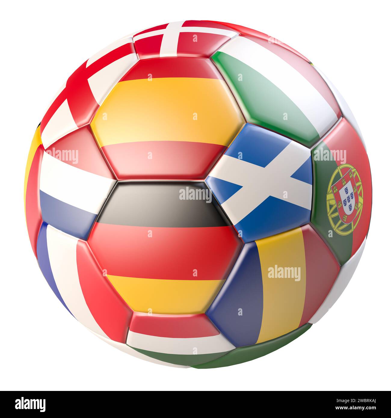 Ballon de football avec les drapeaux de plusieurs des pays qualifiés pour le Championnat d'Europe en 2024 en Allemagne. Isolé sur blanc Banque D'Images