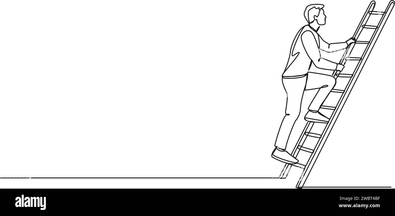 dessin au trait unique continu d'un homme montant sur une échelle, illustration vectorielle d'art au trait Illustration de Vecteur