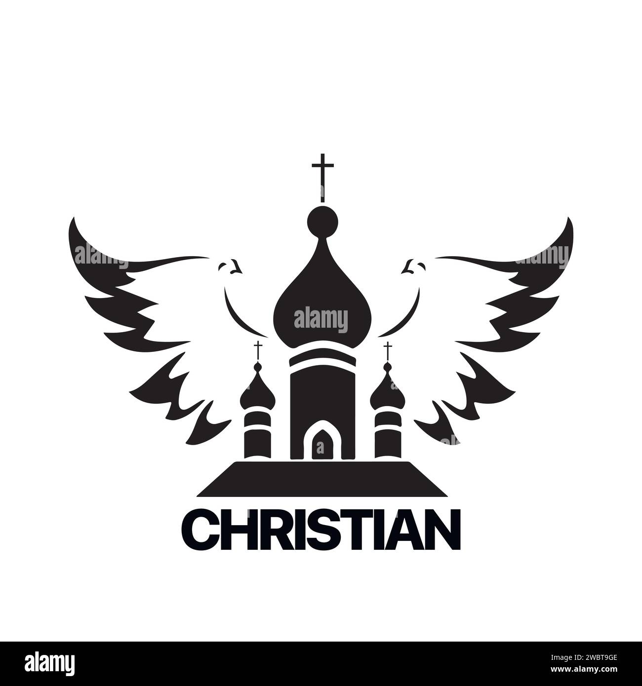 Modèle de logo chrétien avec des ailes d'église, de temple et de colombe. Symbole chrétien noir et blanc. Ailes de pigeon et logotype de tour d'église Illustration de Vecteur