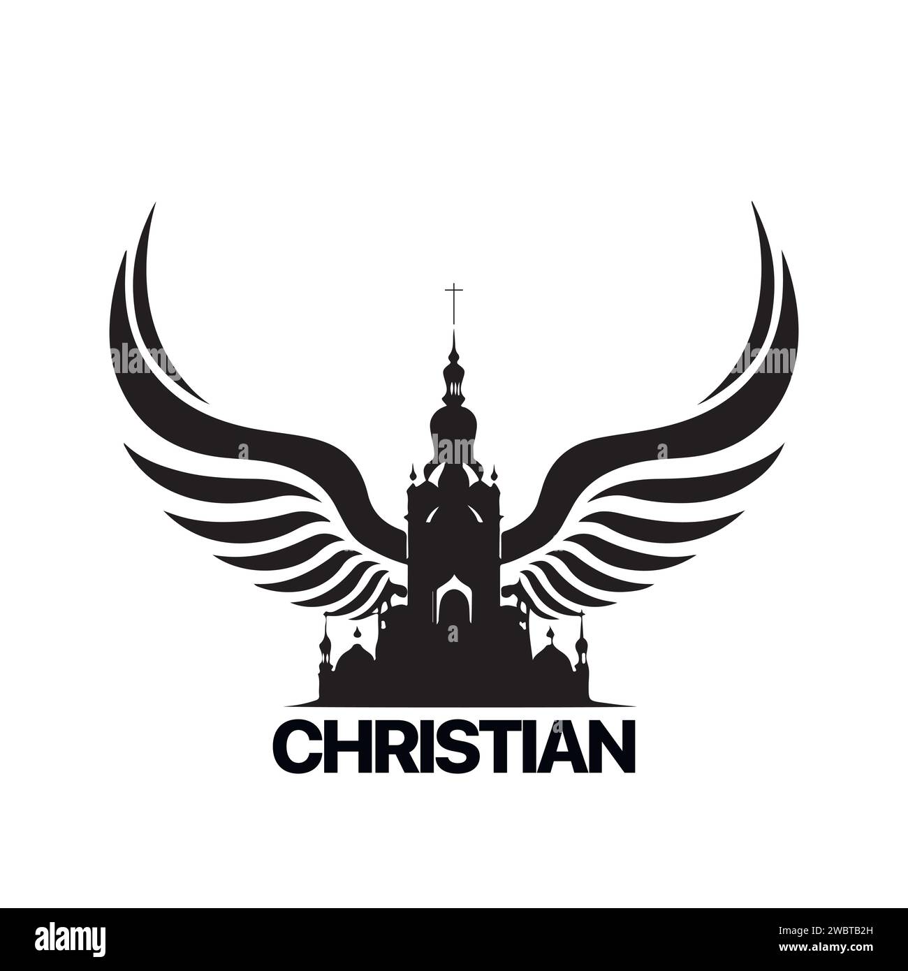 Modèle de logo chrétien avec des ailes d'église, de temple et de colombe. Symbole chrétien noir et blanc. Ailes de pigeon et logotype de tour d'église Illustration de Vecteur