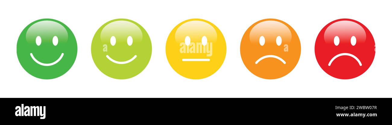 3D Rating emojis mis en différentes couleurs avec brillance. Collection d'émoticônes de rétroaction. Excellent, bon, neutre, mauvais et très mauvais jeu d'icônes emoji. Illustration de Vecteur