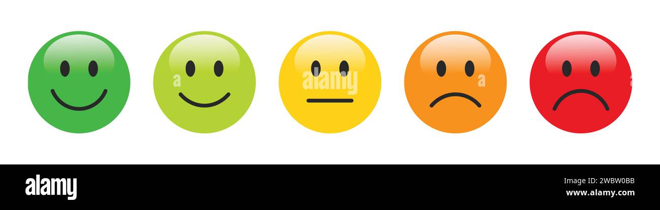 3D Rating emojis mis en différentes couleurs avec brillance. Collection d'émoticônes de rétroaction. Excellent, bon, neutre, mauvais et très mauvais jeu d'icônes emoji. Illustration de Vecteur