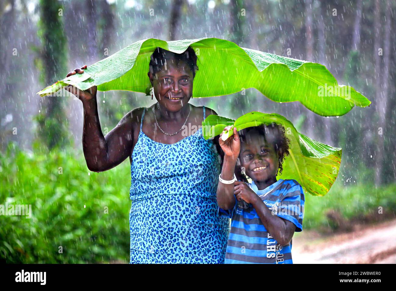 Mère et sa fille se protègent de la pluie avec un parapluie fait de feuilles de bananier. Région autonome de Bougainville, Papouasie-Nouvelle-Guinée, Asie Banque D'Images