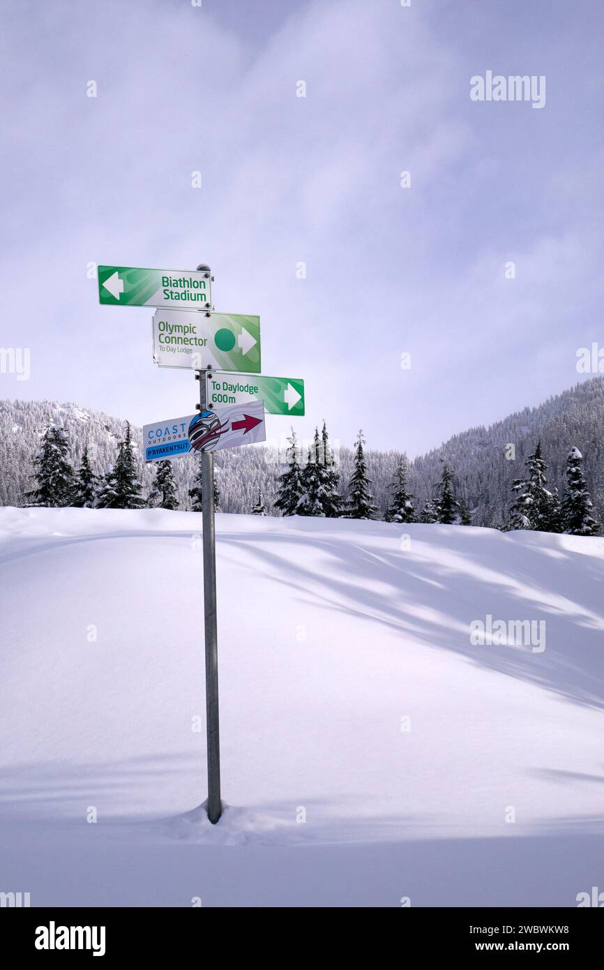 Panneau indiquant le parc olympique de Whistler avec plusieurs pistes de ski de fond et des indications pour les sites. Banque D'Images