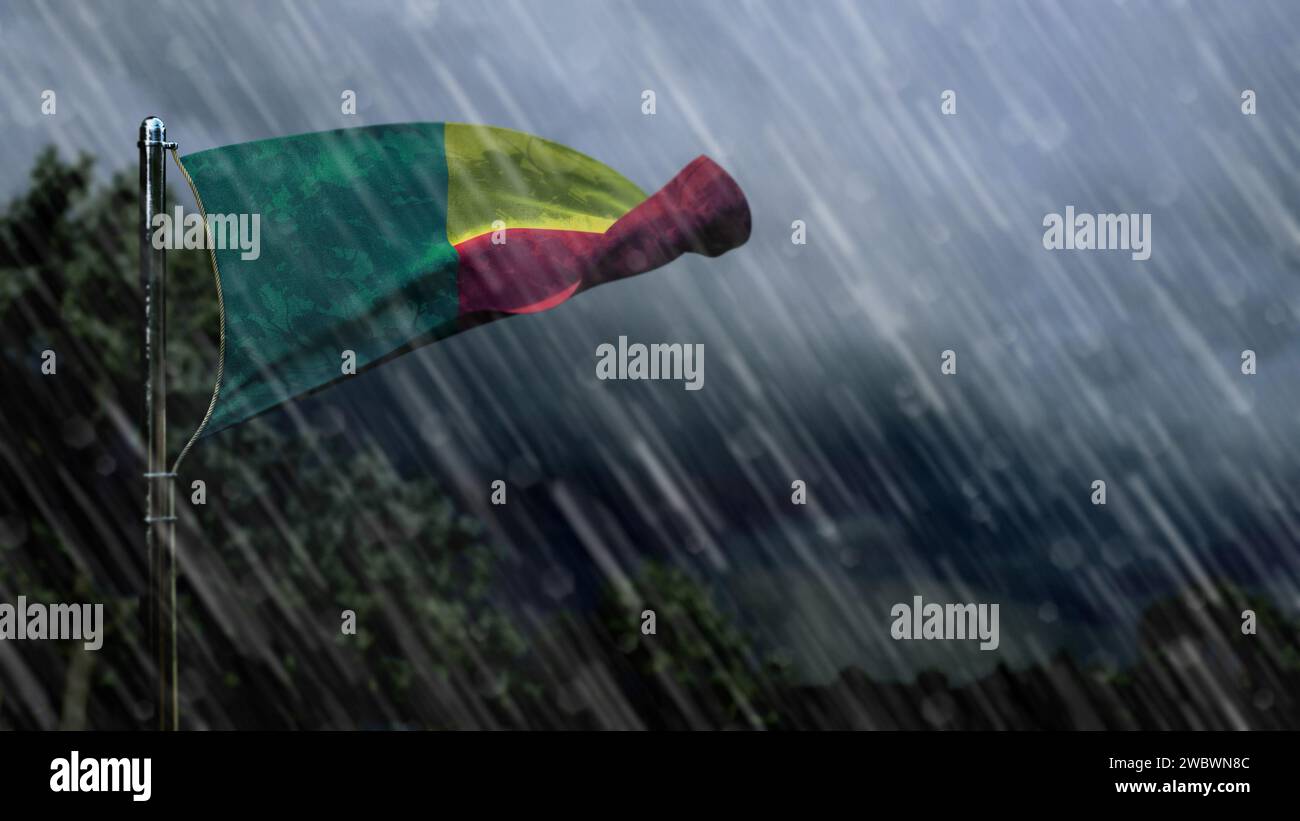 Drapeau du Bénin avec pluie et nuages sombres, symbole des temps durs - illustration 3D de la nature Banque D'Images