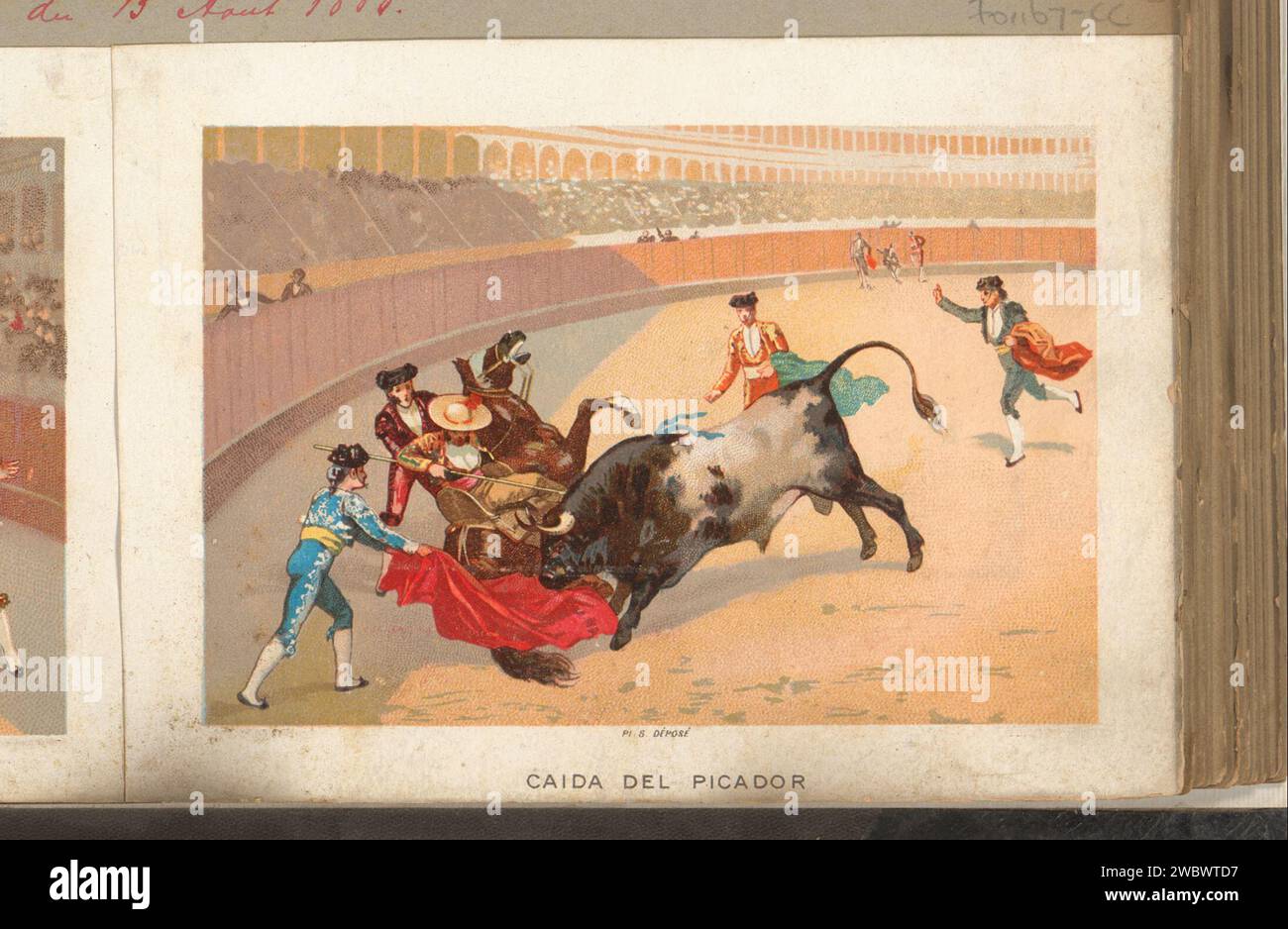 Picador Fall, Anonyme, 1880 - 1910 imprimer cette photo fait partie d'un album. taureau en papier, toreador Banque D'Images