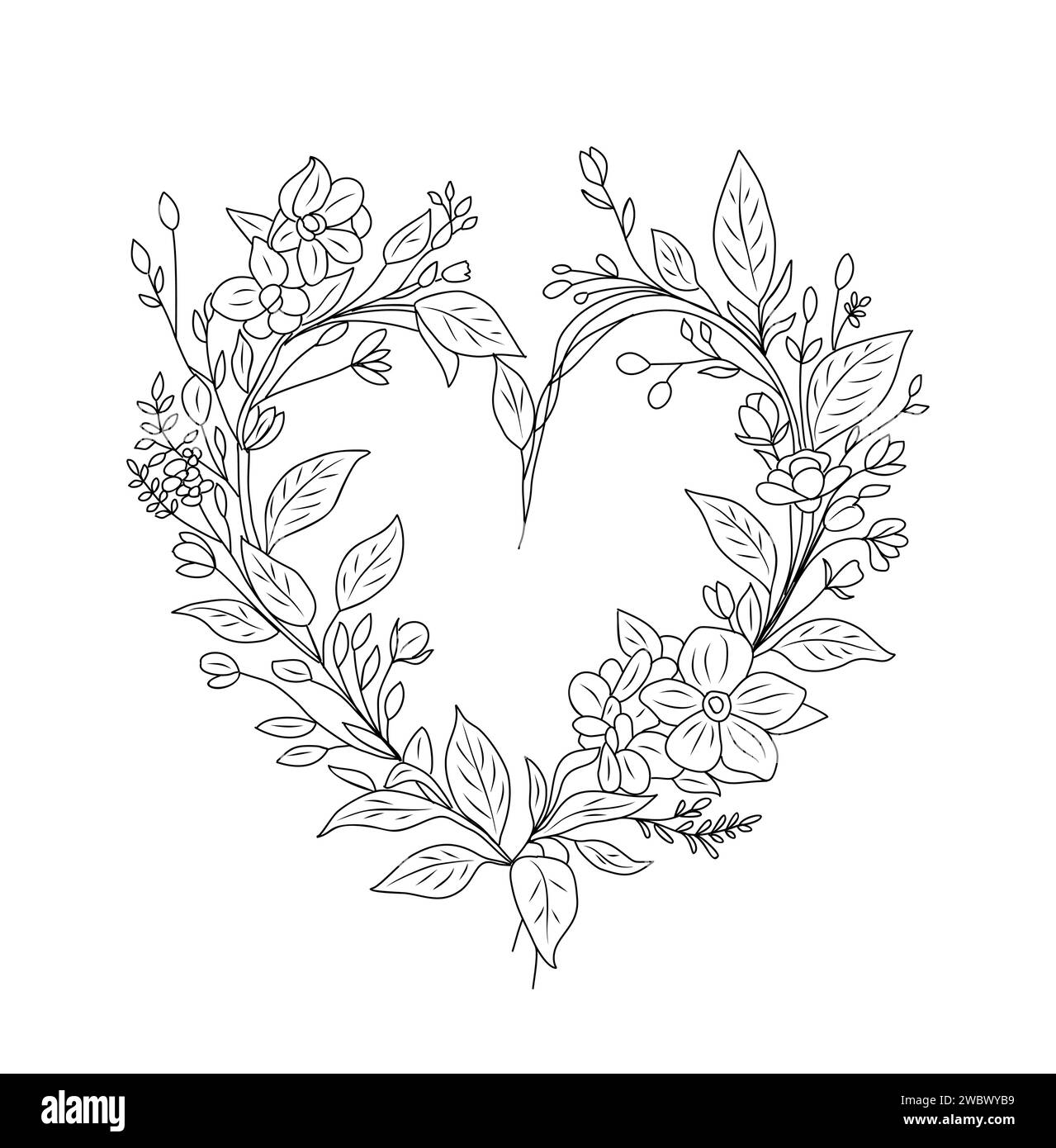 Coeur de cadre floral avec fleurs roses et feuilles. Illustration de Vecteur