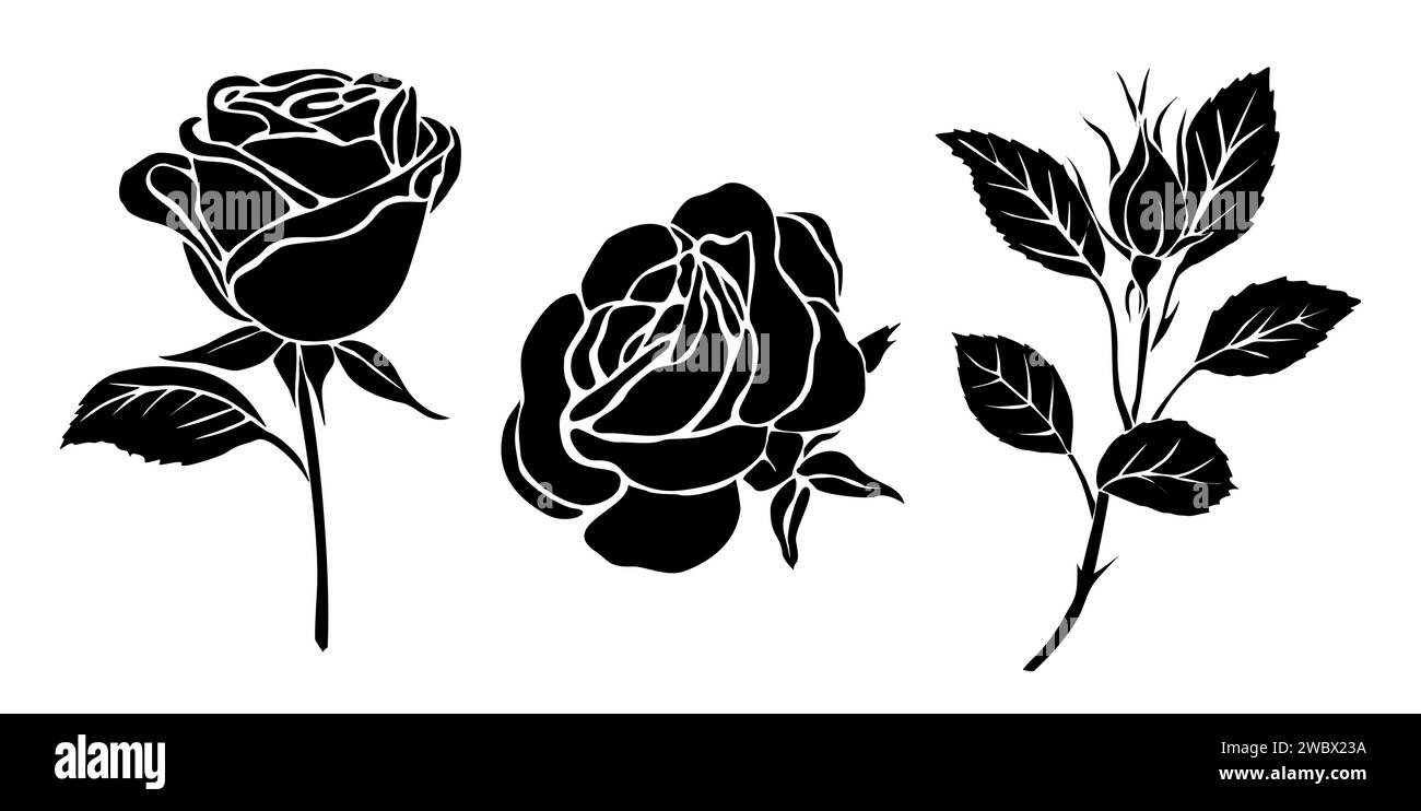 Ensemble de silhouettes noires de rose fraîche décorative. Illustration de Vecteur