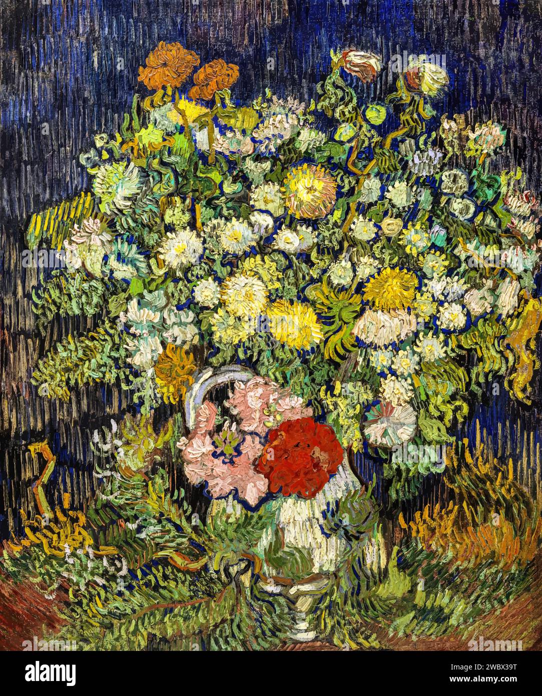 Bouquet de fleurs dans un vase, 1890 (peinture) par l'artiste Gogh, Vincent van (1853-90) Néerlandais. Illustration de Vecteur