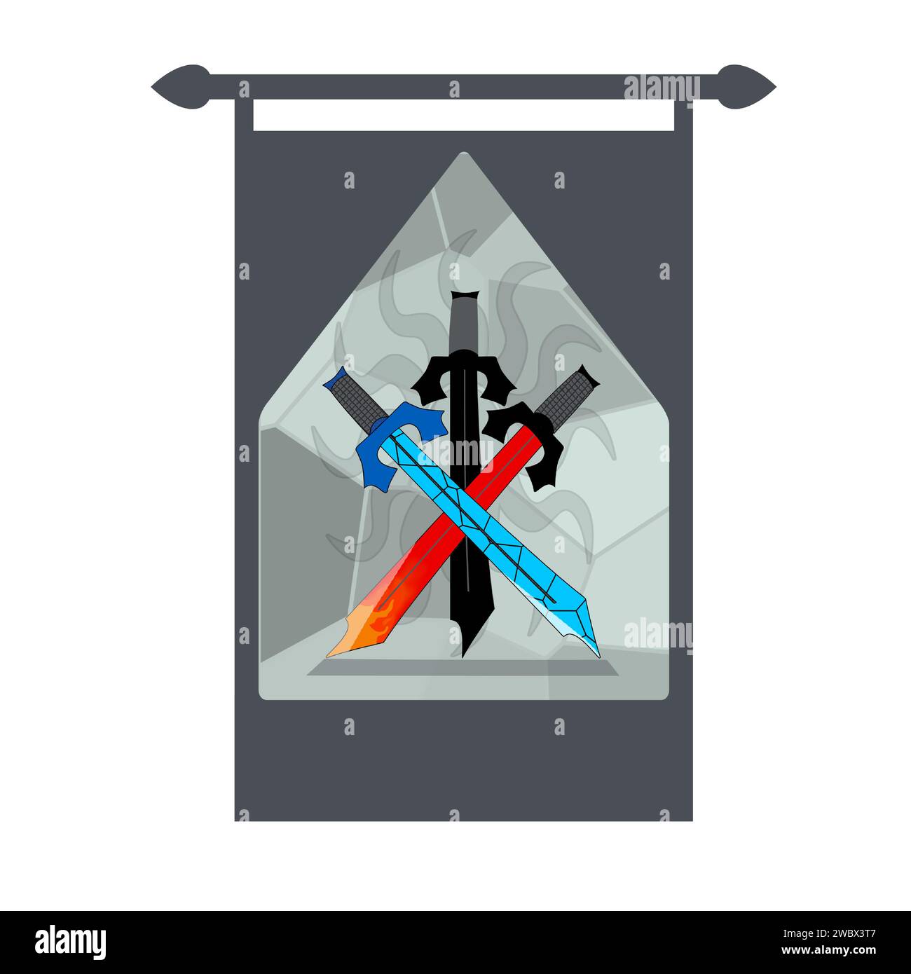 3 épées avec différents éléments et une illustration du soleil derrière les épées. Illustration de Vecteur
