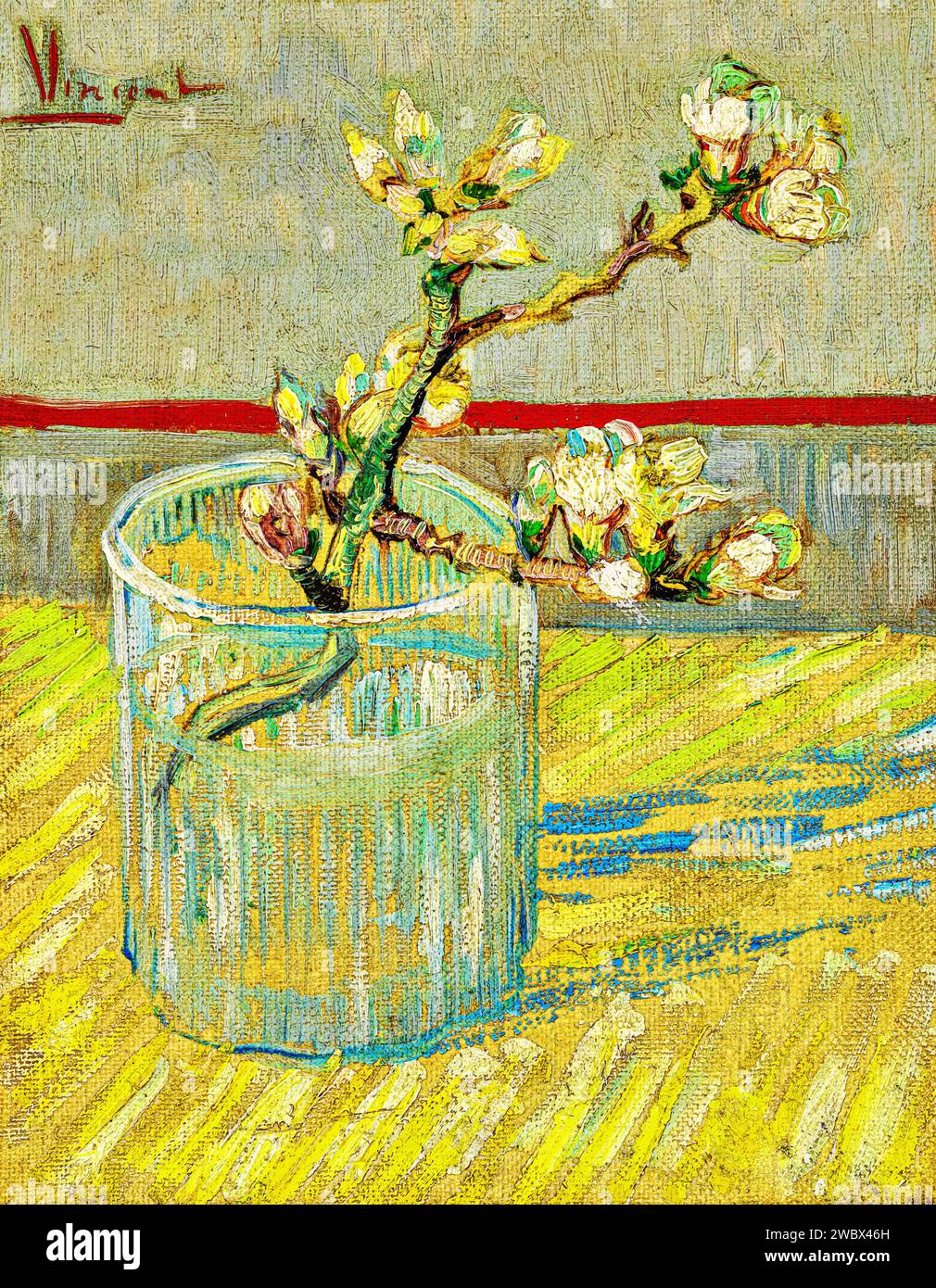 Branche d'amande fleurie dans un verre 1888 (peinture) par l'artiste Gogh, Vincent van (1853-90) Dutc. Illustration de Vecteur