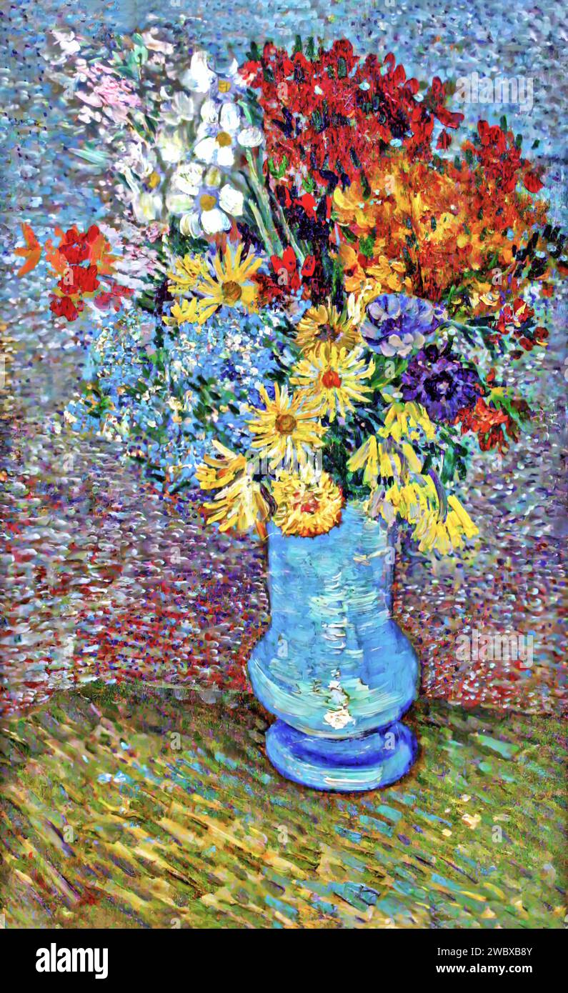 Fleurs dans un vase bleu, c.1887 (peinture) par l'artiste Gogh, Vincent van (1853-90) Néerlandais. Illustration de Vecteur