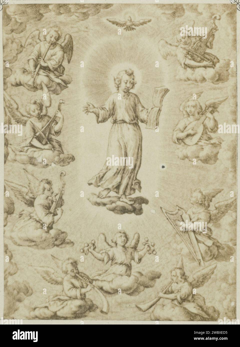 Production photographique de la gravure la Prière, Edmond Fierlants, d'après Hieronymus Wierix, c. 1855 - en 1860 ou avant photographie papier imprimé albumen anges chantant, faisant de la musique. Christ priant (en général), par exemple : dans le désert Banque D'Images