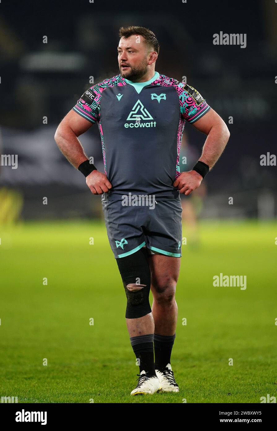 Sam Parry des Ospreys lors du match de L'EPCR Challenge Cup au Swansea.com Stadium, Swansea. Date de la photo : Vendredi 12 janvier 2024. Banque D'Images
