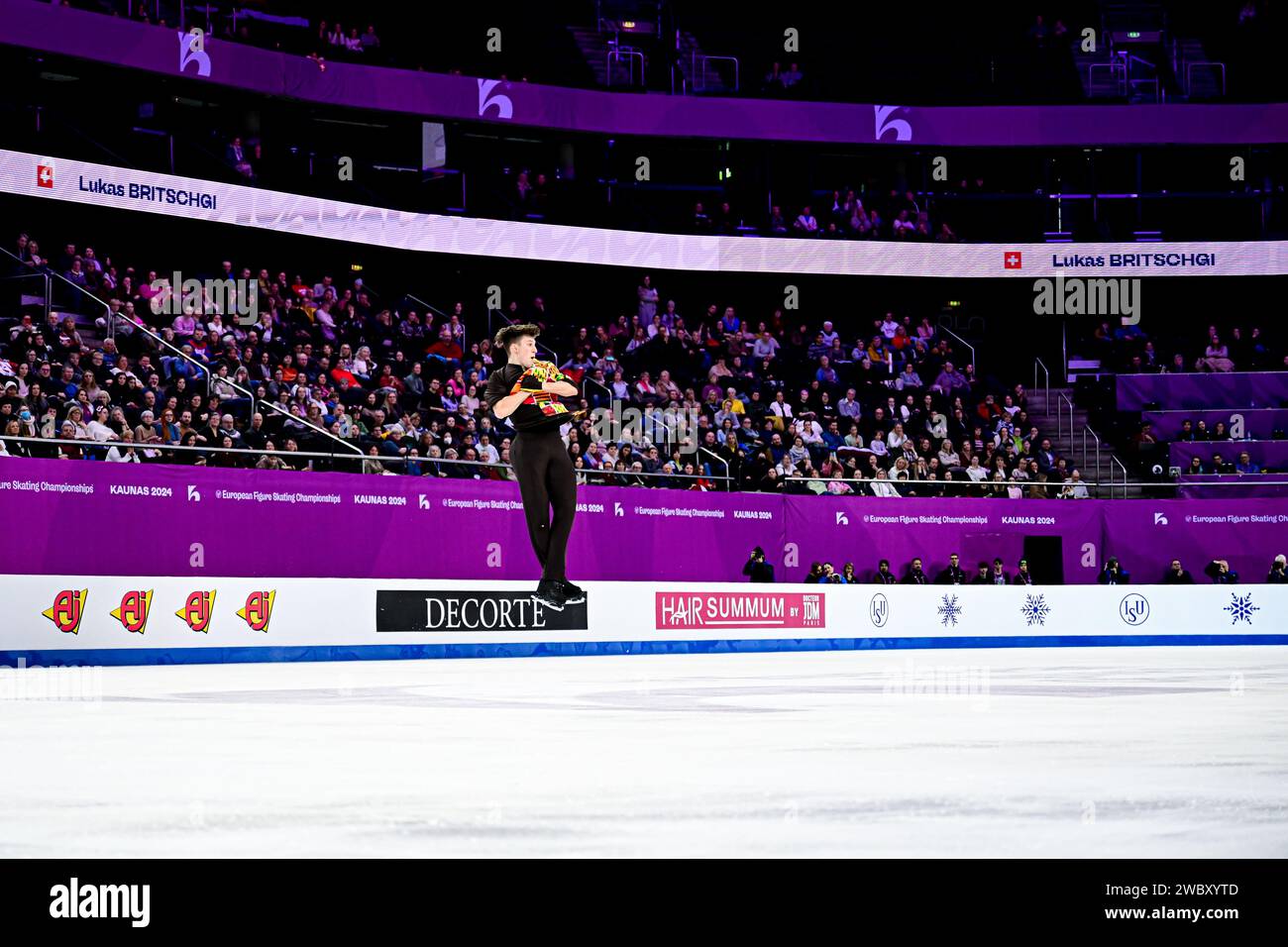 Lukas BRITSCHGI (SUI), lors du Men Free Skating, aux Championnats d'Europe de patinage artistique ISU 2024, à l'algiris Arena, le 12 janvier 2024 à Kaunas, Lituanie. Crédit : Raniero Corbelletti/AFLO/Alamy Live News Banque D'Images