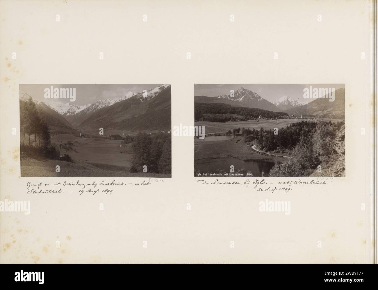 Vue du Stubaital de Schönberg, Anonyme, v. 1880 - en 1899 ou avant photographie partie d'un album de voyage avec des sites en Allemagne, Autriche, Suisse, Luxembourg et Belgique. Papier Tyrol. Support photographique tirage albumen dale, vallée Tyrol Banque D'Images